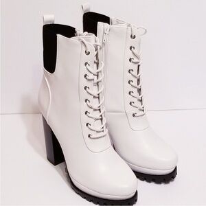 Lace-Up White Ankle Booties with Chunky Heel
